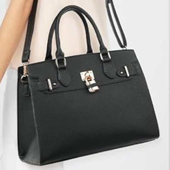 Neiman Marcus Dasein Women Black Vegan Leather Lock Style Top Handle Bag - Picture 2 of 4